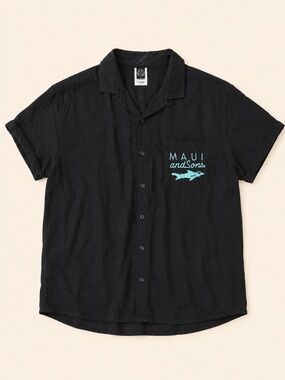 Vintage Maui and Sons Black Short-Sleeve Button-Down Shirt with Turquoise Logo